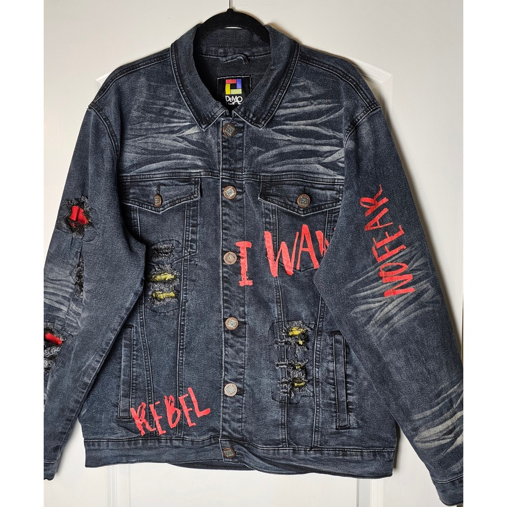 Vintage Demolition Mens Distressed‎ Denim Jacket Black Rebel No Fear Graphic  XL